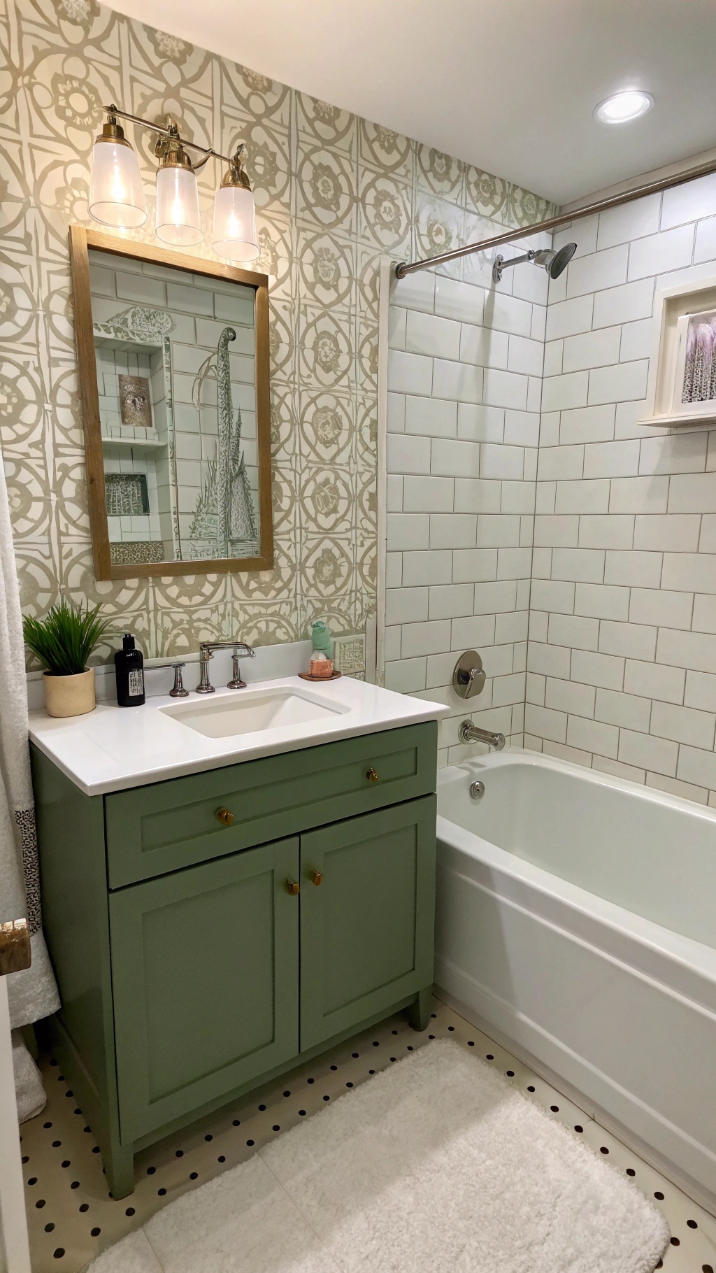A stylish bathroom featuring a green cabinet and patterned wallpaper.