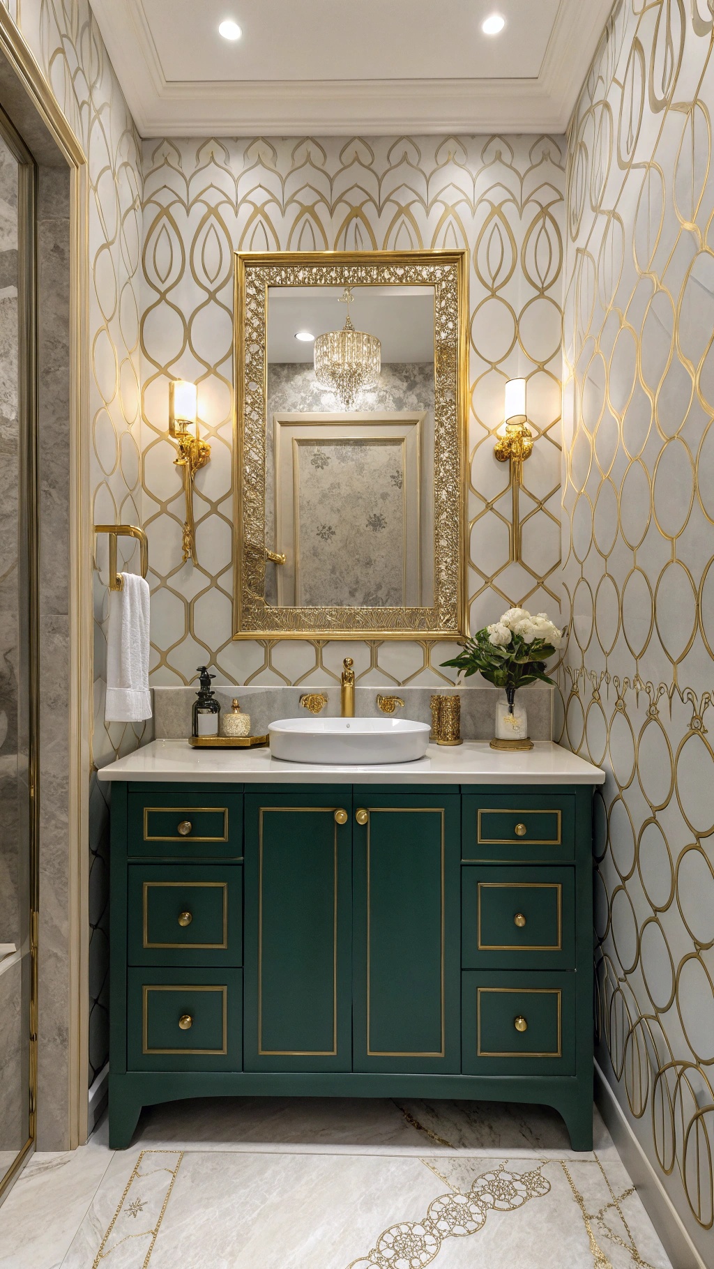 Bathroom featuring a green cabinet and gold accents