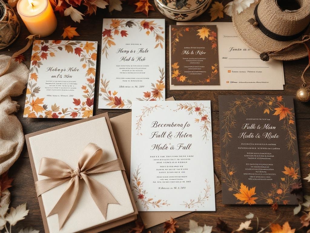 A collection of fall wedding invitations featuring autumn leaves and warm colors, arranged with a ribbon-tied box.