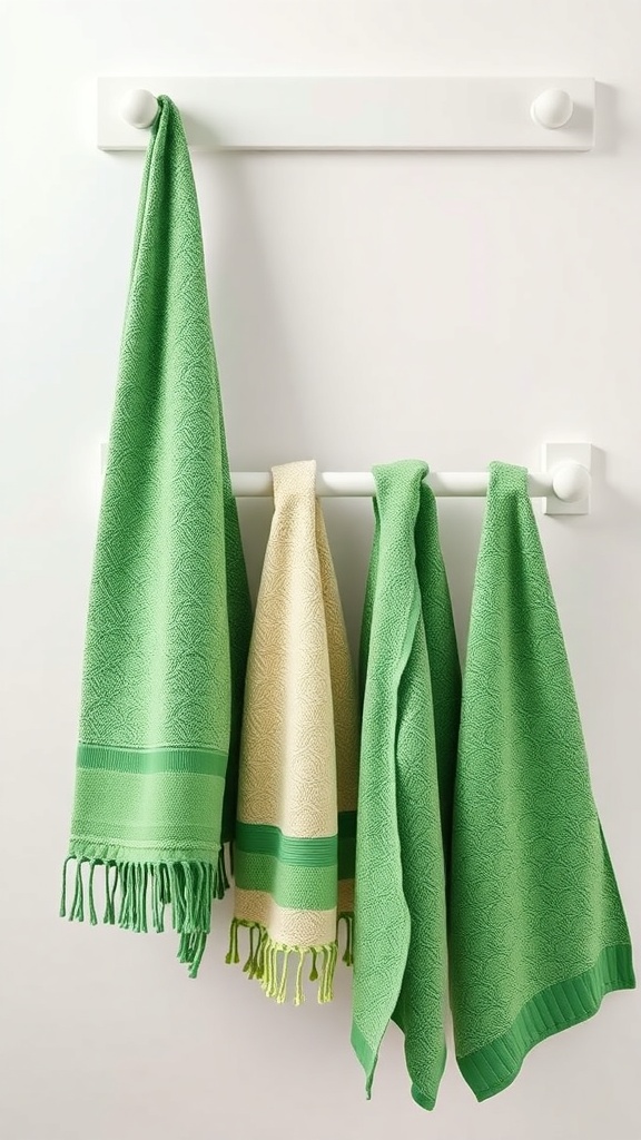 A collection of green and white towels hanging on a rack.