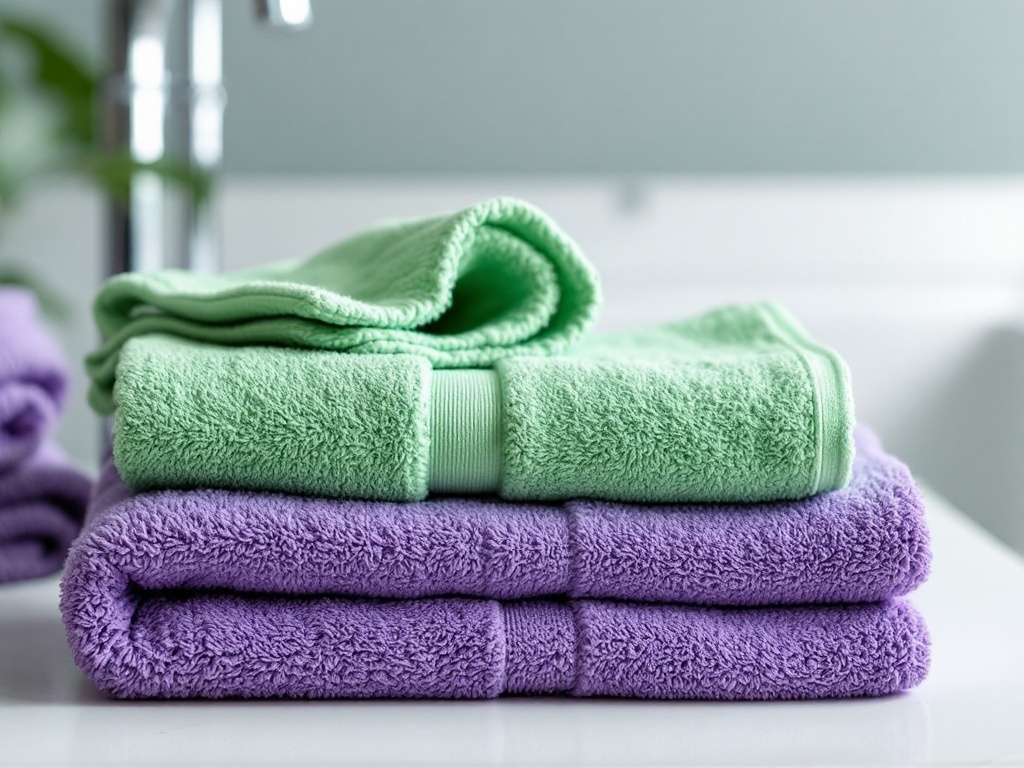 Stack of green and purple bath towels