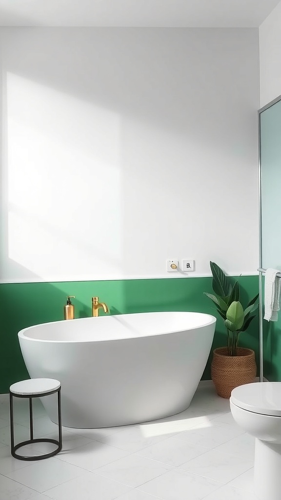 A modern bathroom featuring a green and white accent wall with a freestanding bathtub.