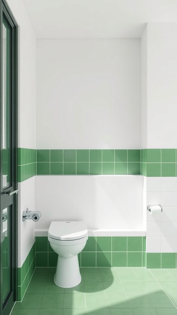 Green and white bathroom with color block design featuring green tiles and white walls.