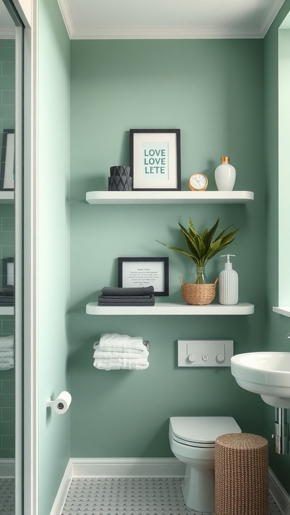 A bathroom featuring green walls and white floating shelves with decorative items.