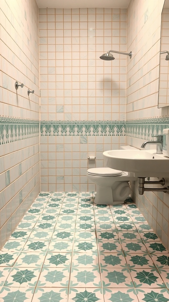 A bathroom featuring green and white geometric patterned tiles on the floor and walls.