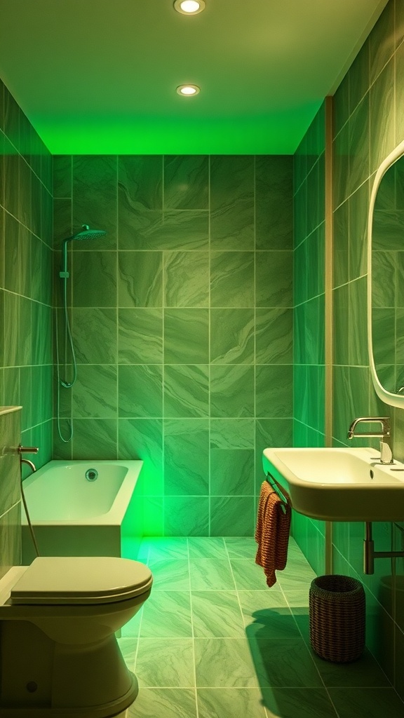 A green and white bathroom featuring soft green lighting.