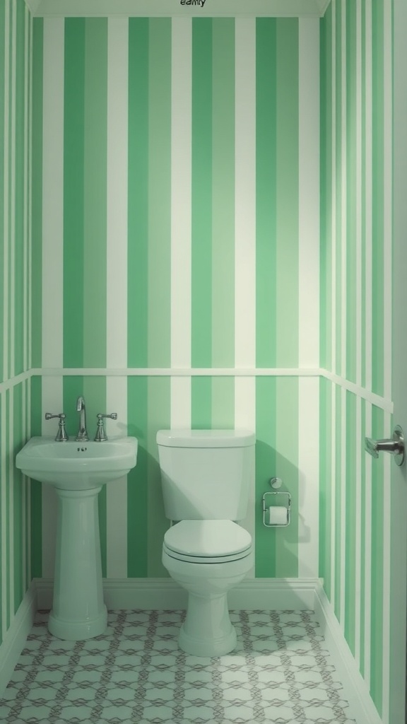 A bathroom featuring green and white striped wallpaper, a white toilet, and a white sink.