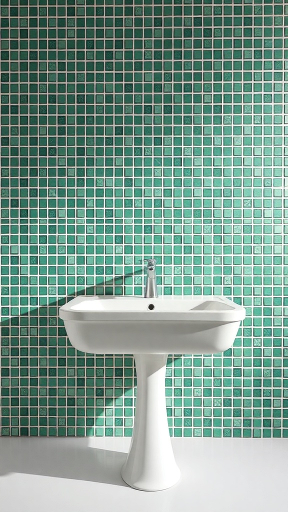 Green mosaic tile backsplash in a bathroom with a white sink.