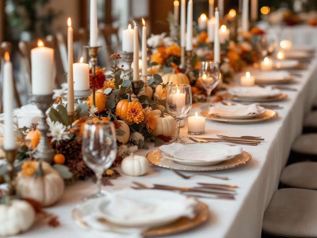 A beautifully set table for a fall wedding, featuring candles, flowers, and pumpkins.