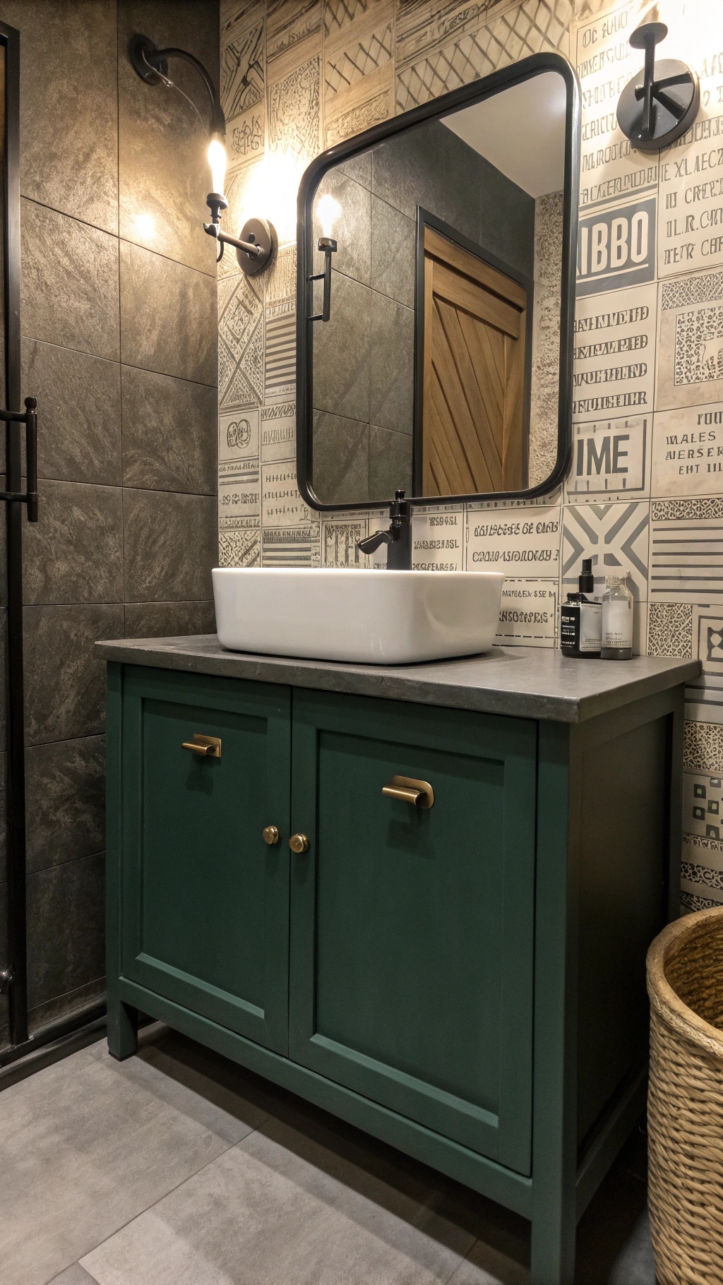 Bathroom featuring industrial style with green cabinet and wallpaper.