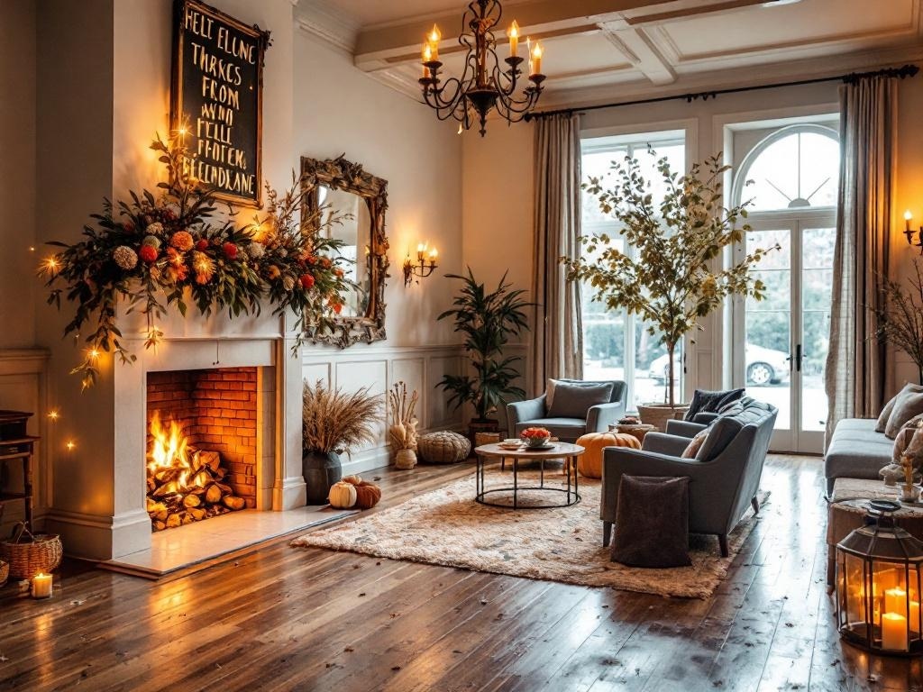 Cozy fireside reception area with warm lighting, comfortable seating, and autumn decorations.