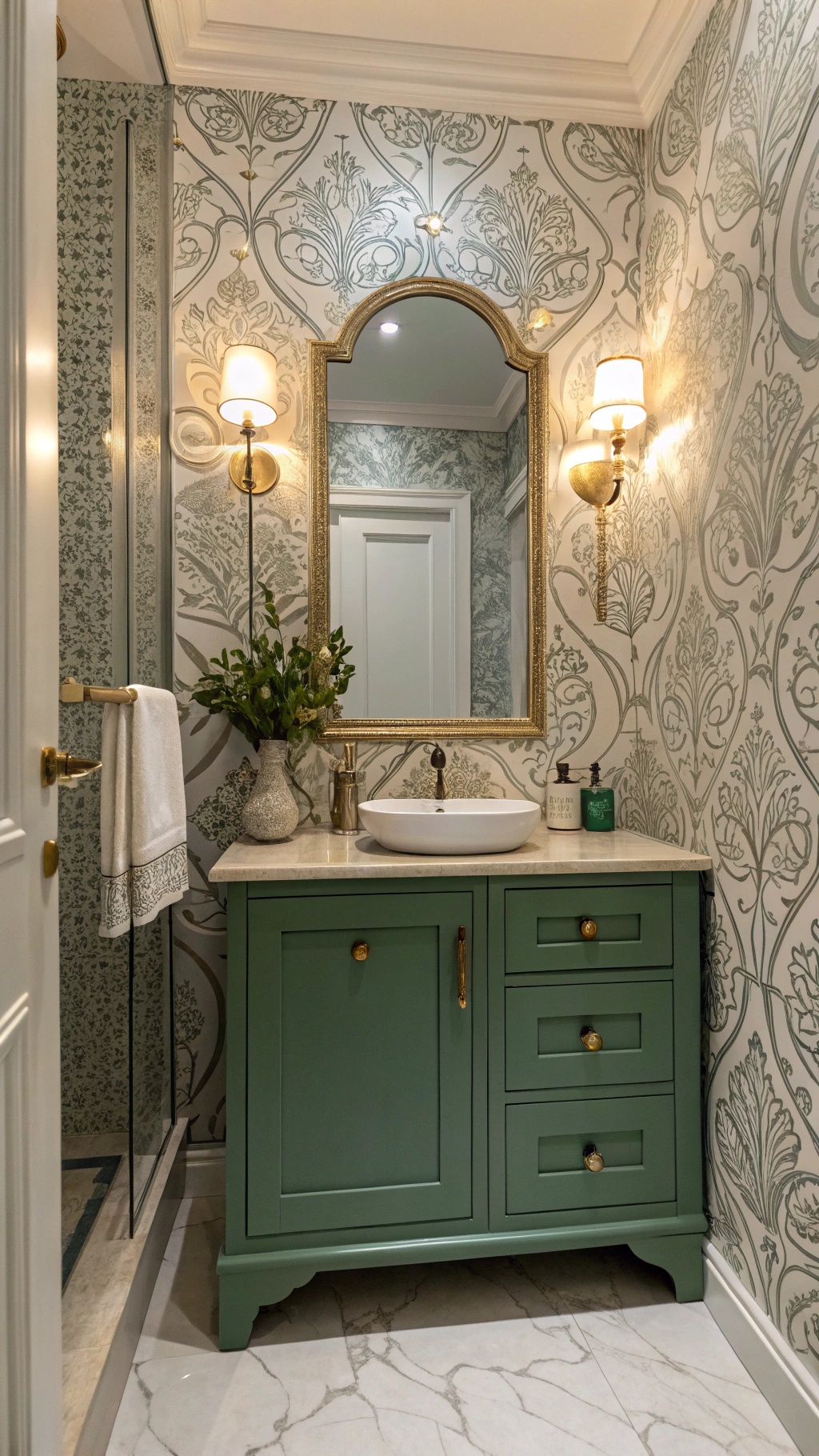 A bathroom featuring elegant wallpaper and a green cabinet with layered lighting.