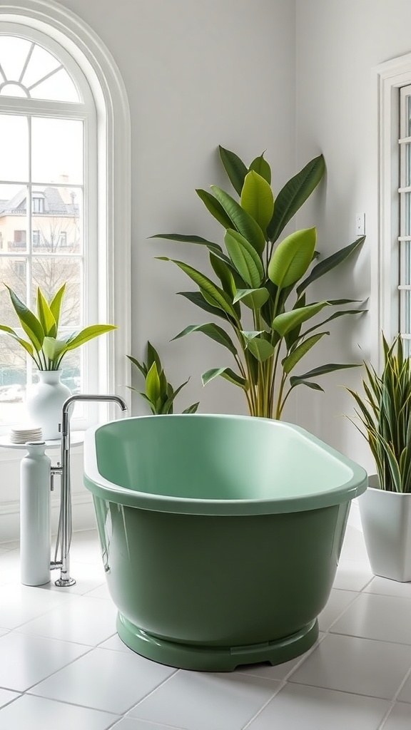 A luxurious green bathtub surrounded by indoor plants in a bright bathroom.