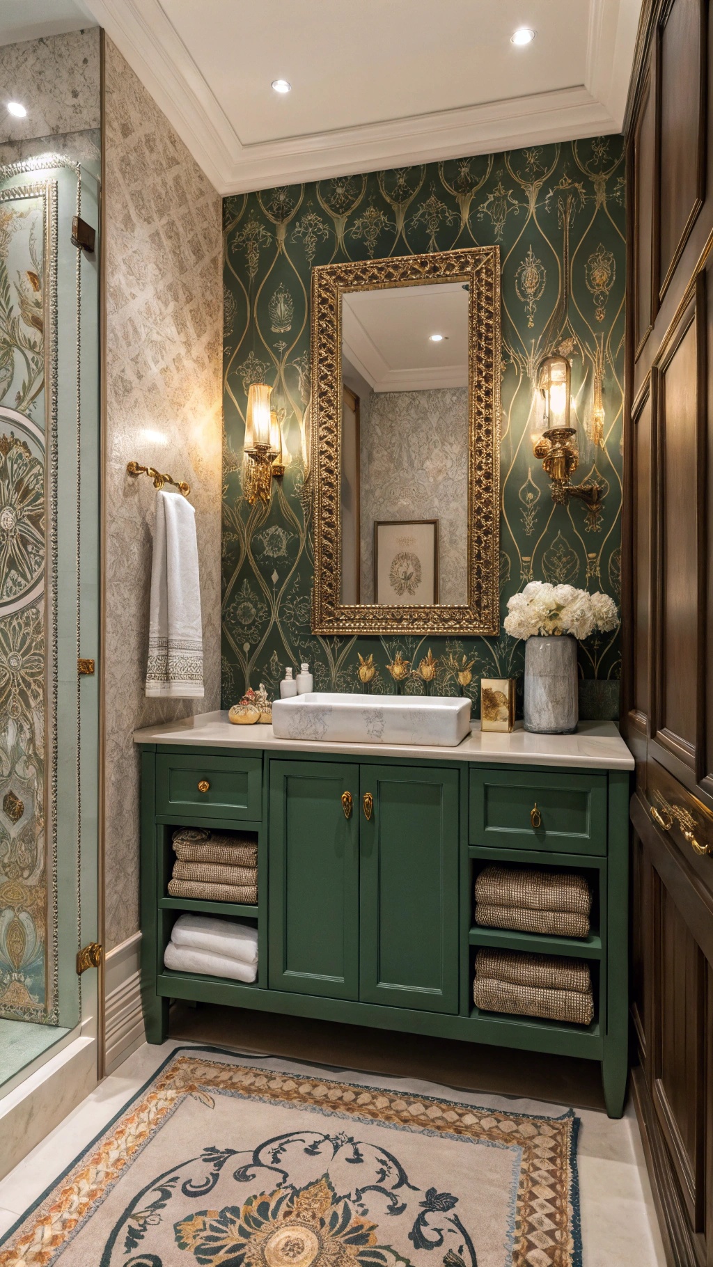 Luxurious bathroom featuring green cabinet, ornate wallpaper, and elegant textiles.