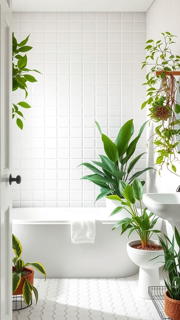 A bright bathroom featuring various green plants in pots, enhancing the green and white decor.