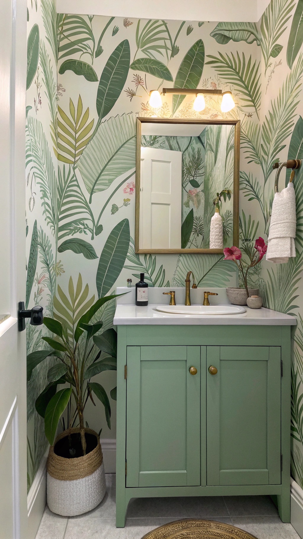 A serene bathroom featuring nature-inspired wallpaper and a green cabinet.