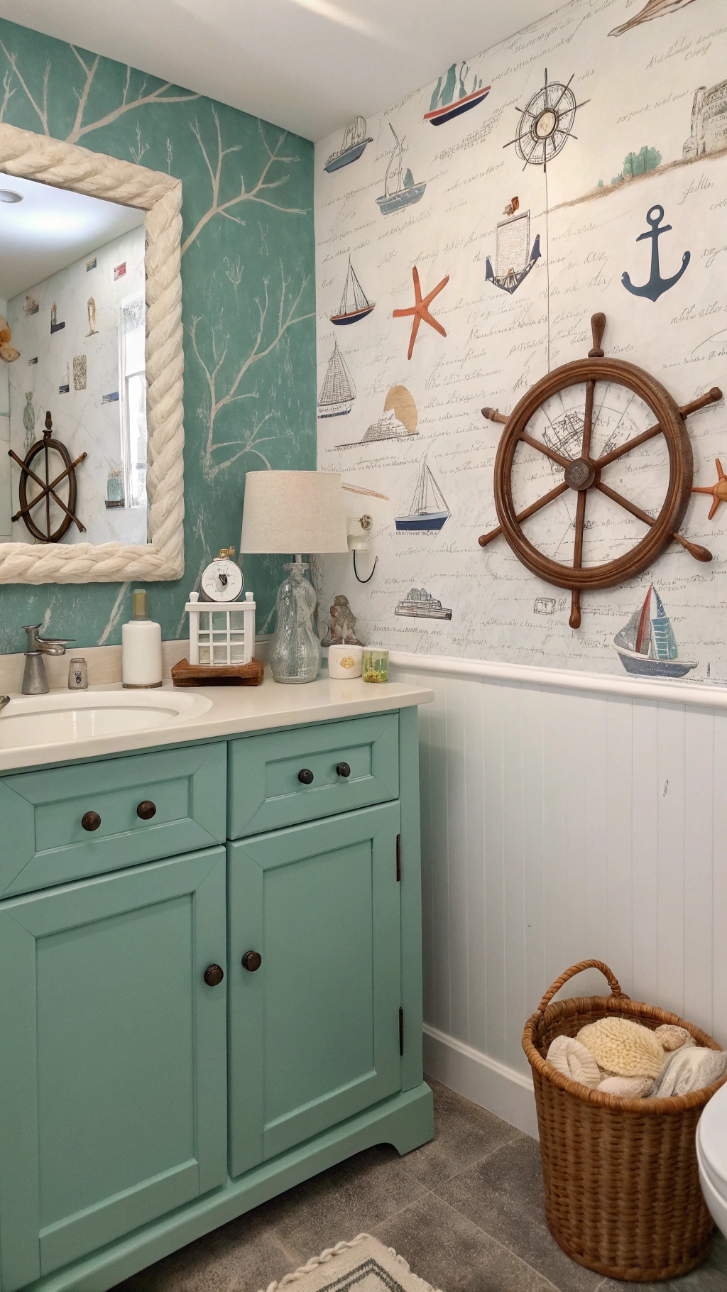 Bathroom with nautical wallpaper and green cabinet