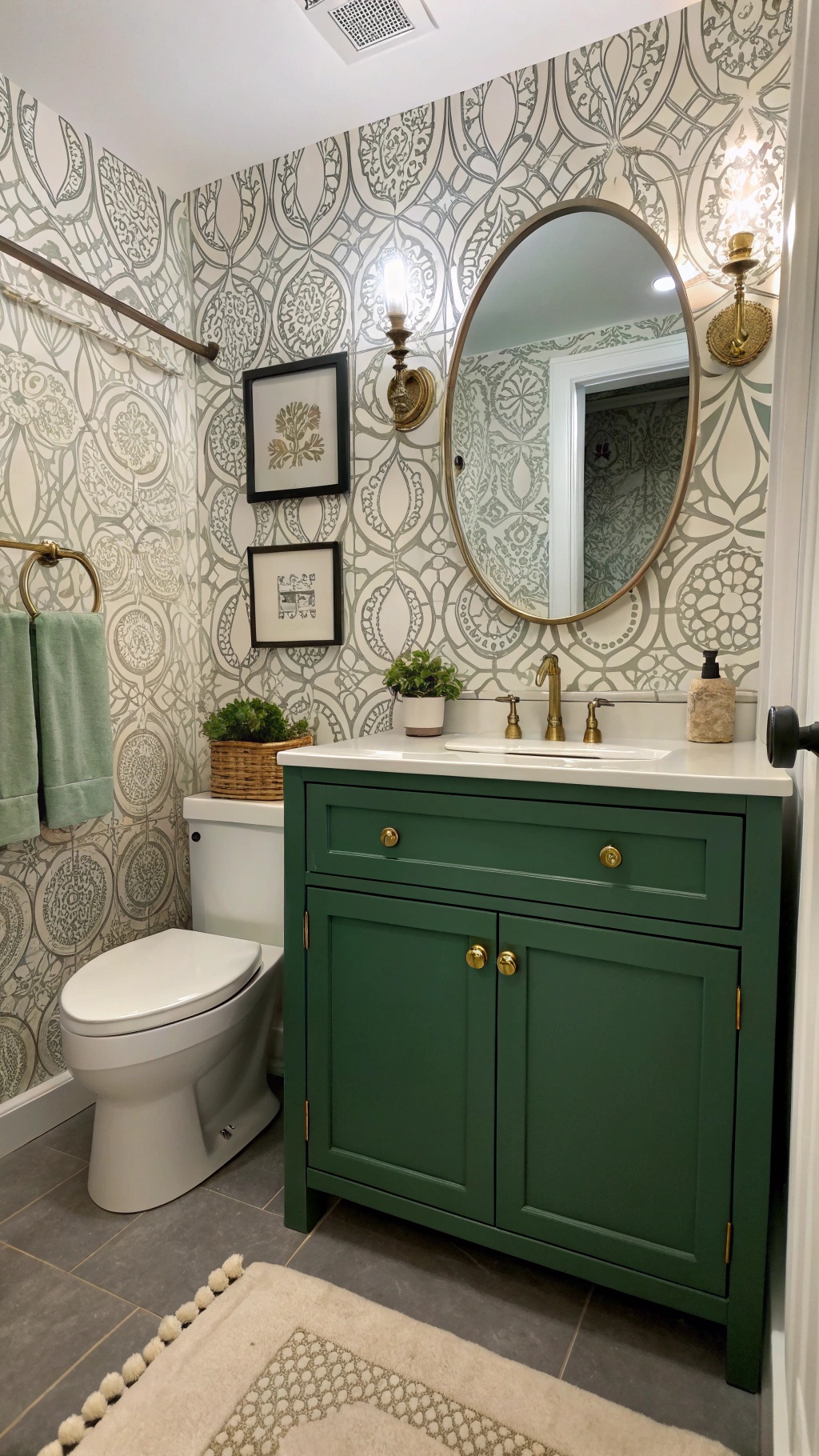 A stylish bathroom featuring wallpaper with intricate patterns and a green cabinet.