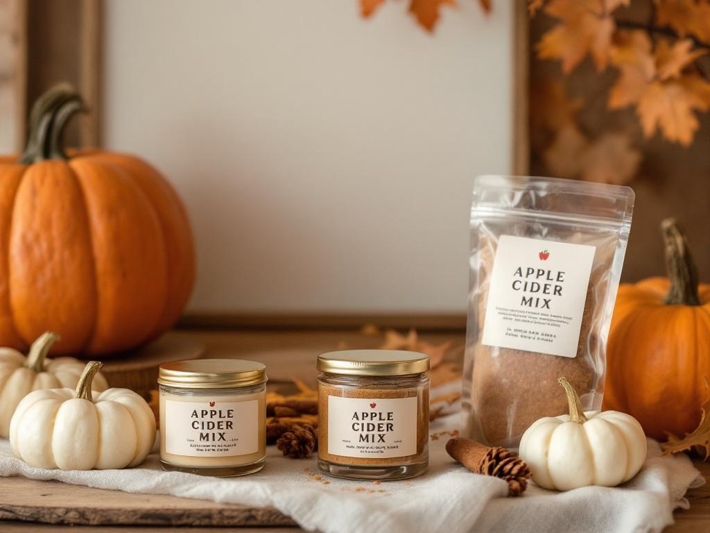 Apple cider mix favors with pumpkins and cinnamon sticks for a fall wedding