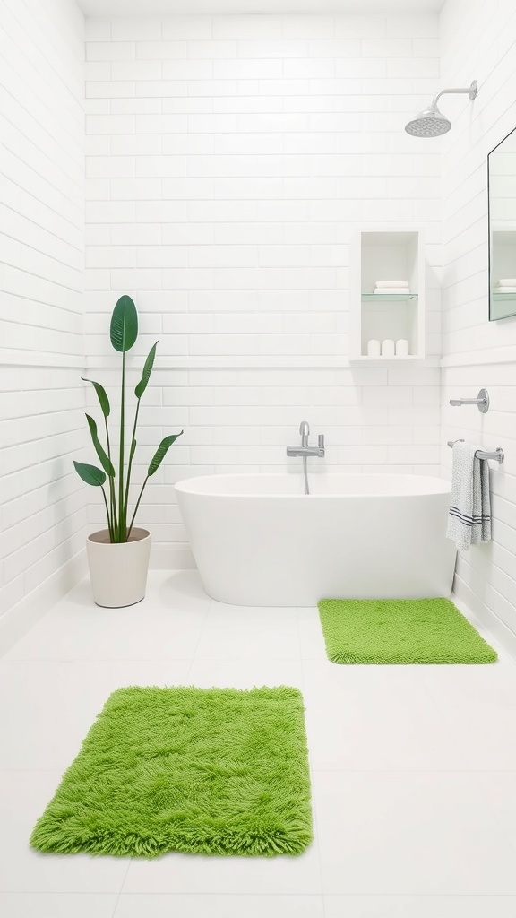 Bright green bath mats in a modern bathroom with white tiles and a bathtub.