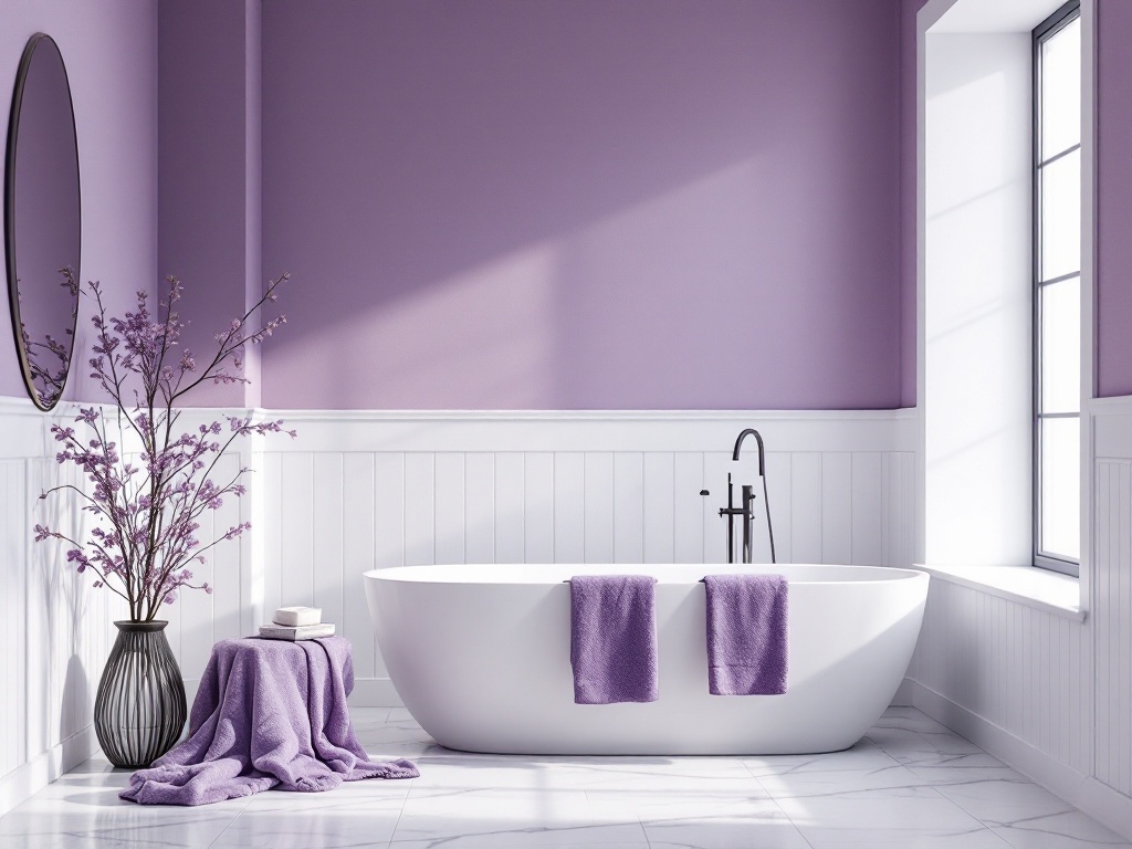 A modern bathroom featuring a purple accented bathtub, lavender walls, and decorative elements.