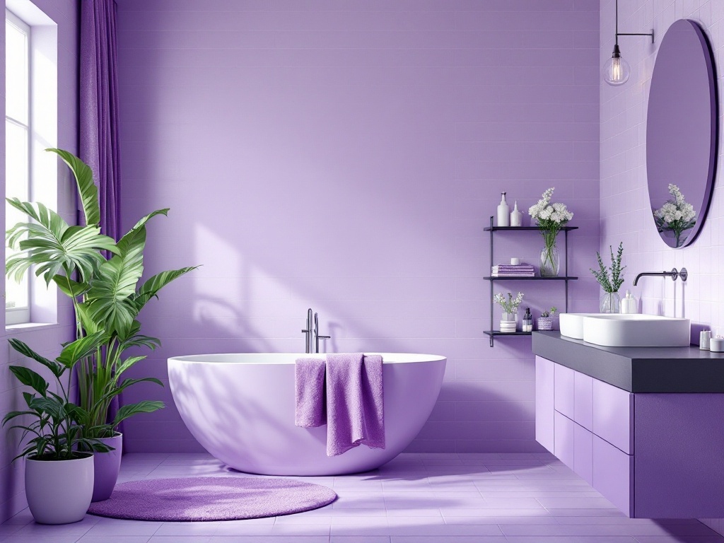 A modern bathroom with purple walls, a round bathtub, and green plants.