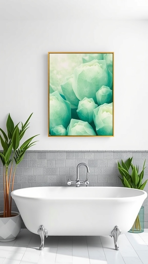 A bathroom with a white bathtub, green plants, and a green artwork featuring soft greens.