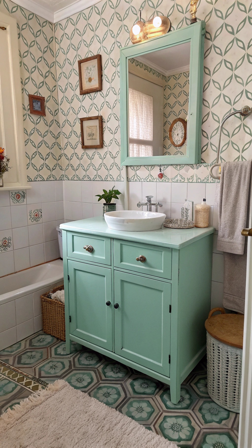 A bathroom featuring retro wallpaper and a green cabinet.