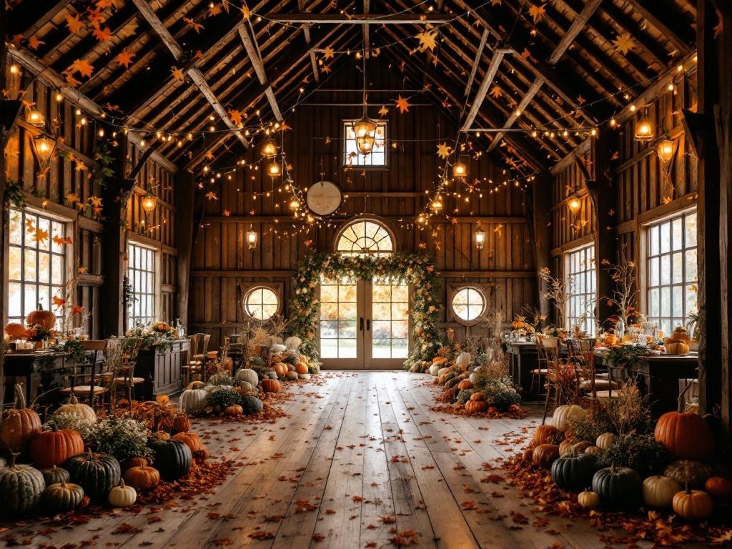 A rustic barn decorated for a fall wedding with pumpkins, leaves, and warm lighting.