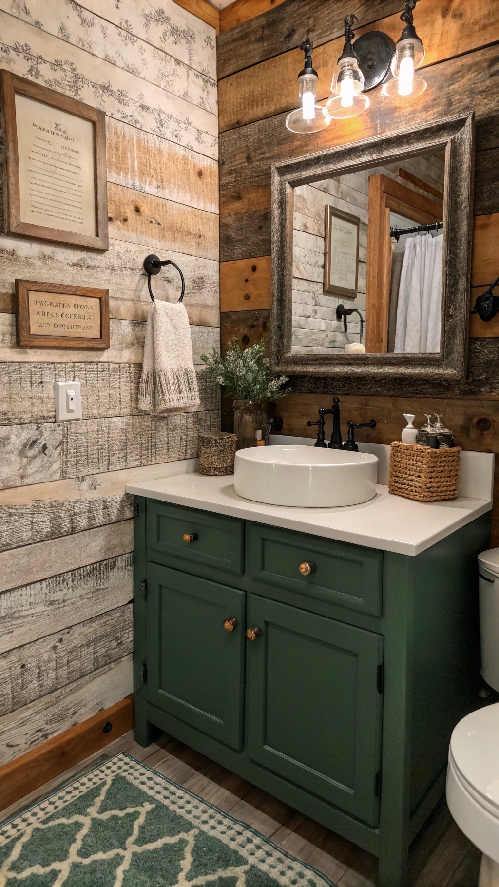 A rustic bathroom featuring wood textured walls and a green cabinet.