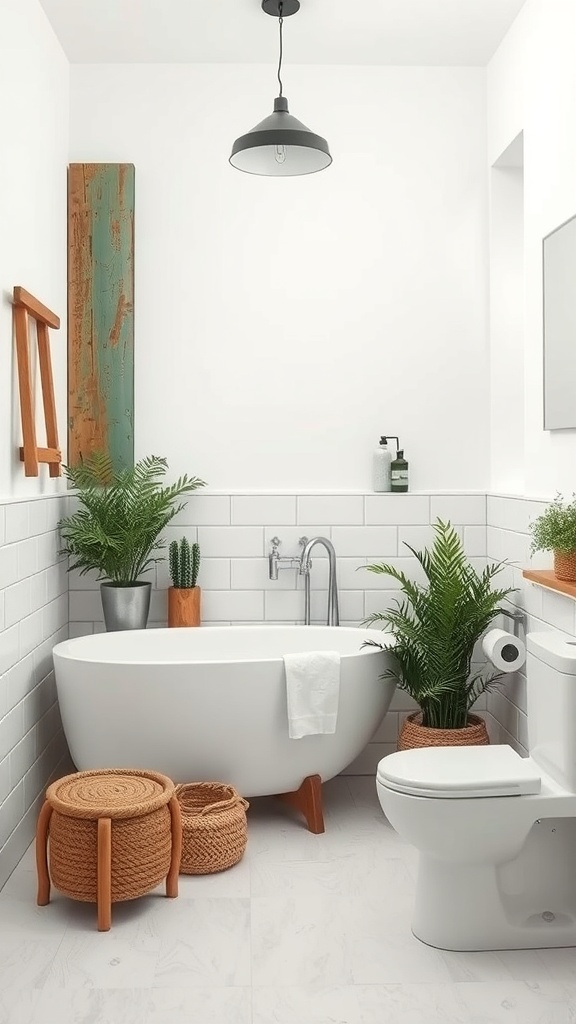 A rustic bathroom featuring green wood elements, white tiles, and plants.