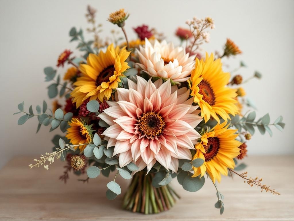 A vibrant bouquet featuring sunflowers, dahlias, and eucalyptus leaves, showcasing the beauty of fall floral arrangements.