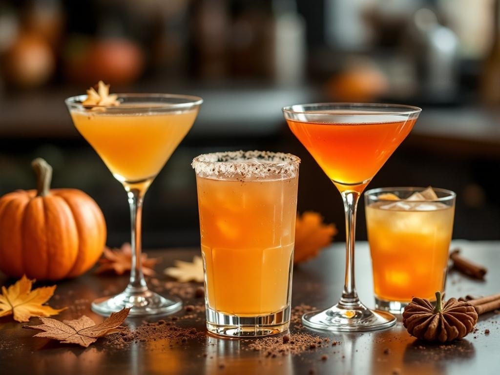 A variety of fall-themed cocktails on a table with pumpkins and autumn leaves.