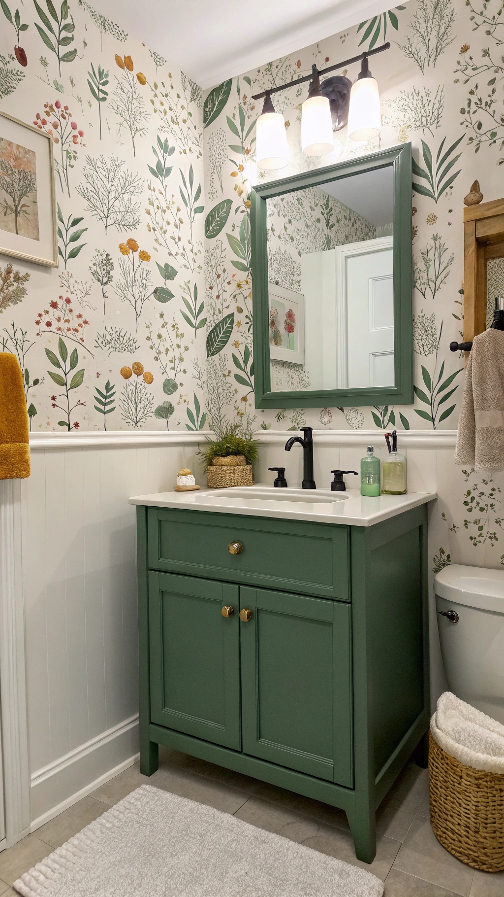 A stylish bathroom featuring floral wallpaper and a green cabinet.