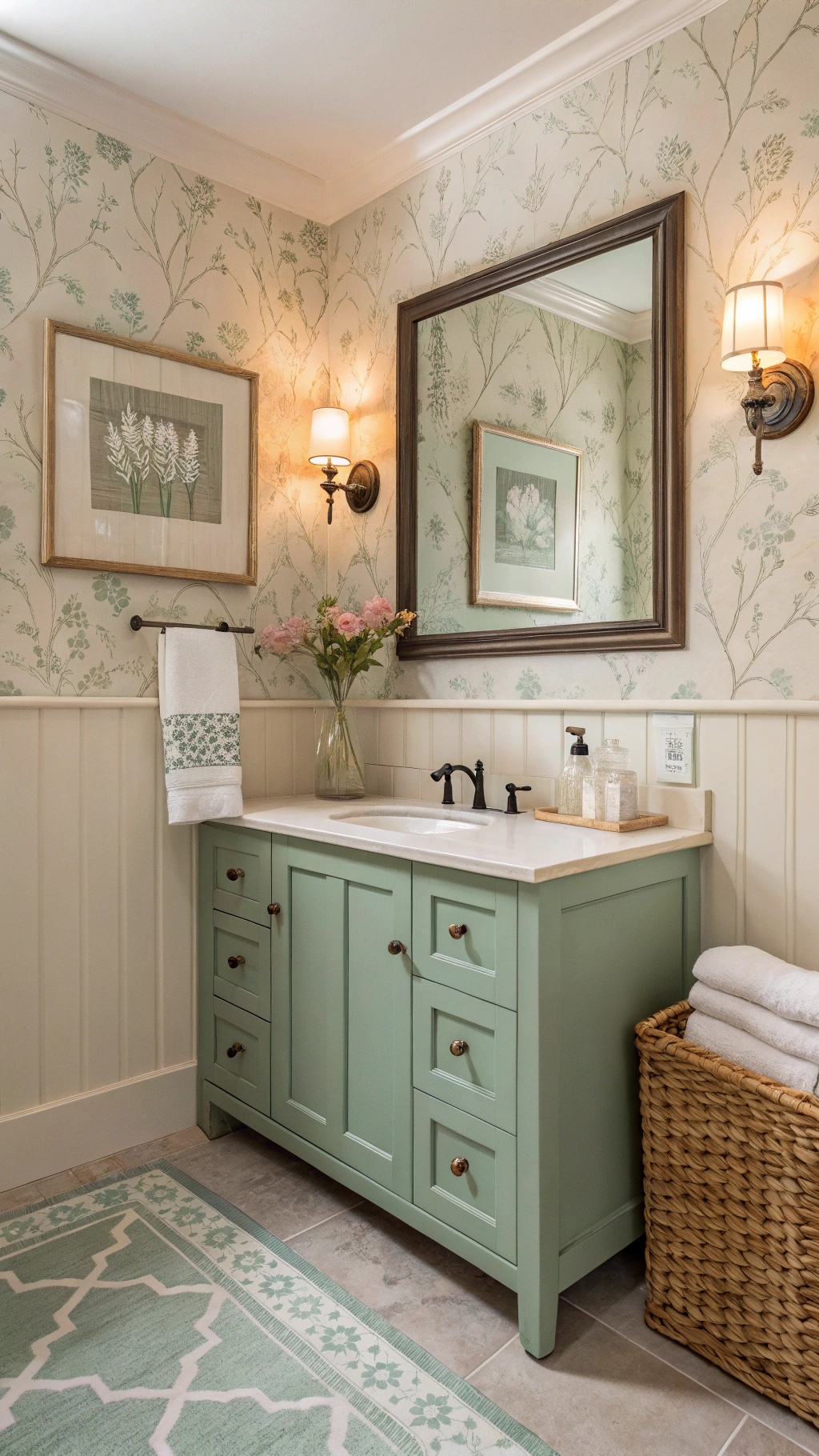 A serene bathroom featuring soft wallpaper, a green cabinet, and elegant decor.