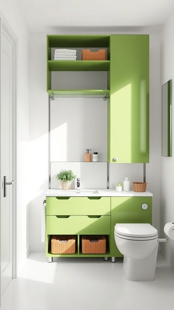 A modern green bathroom storage unit with open shelves and closed cabinets.