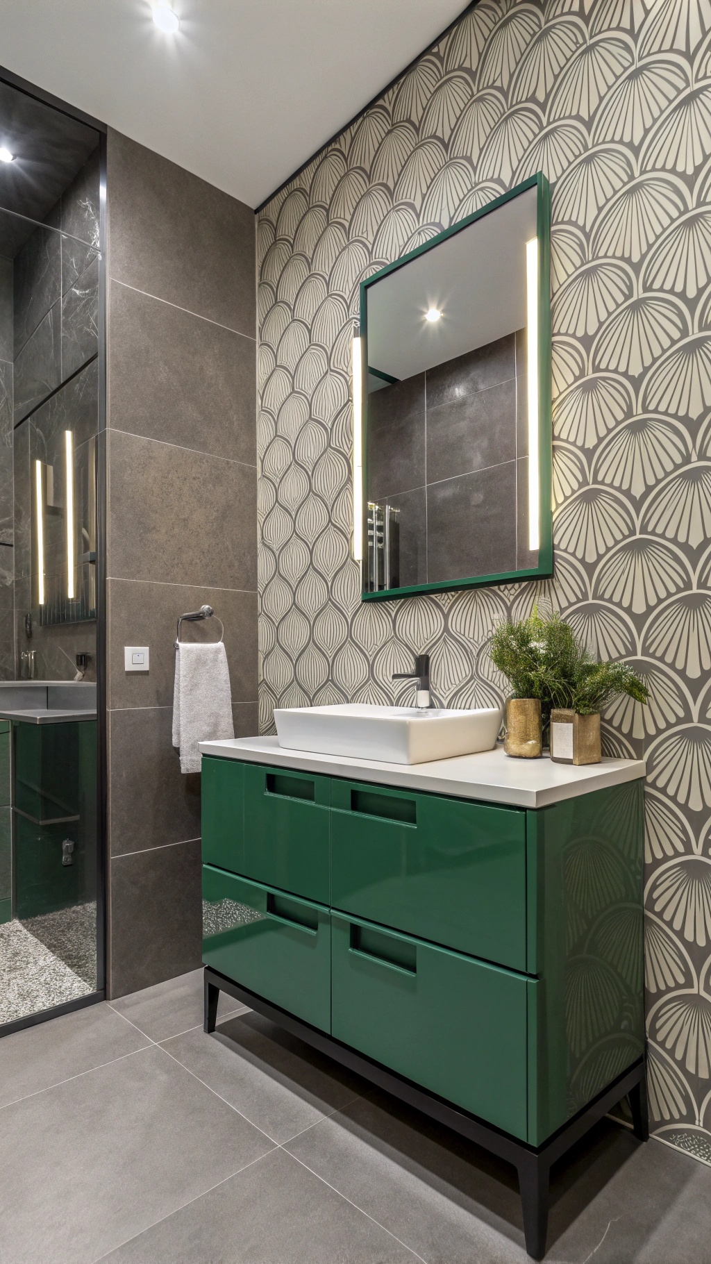 Modern bathroom with green cabinet and contemporary wallpaper