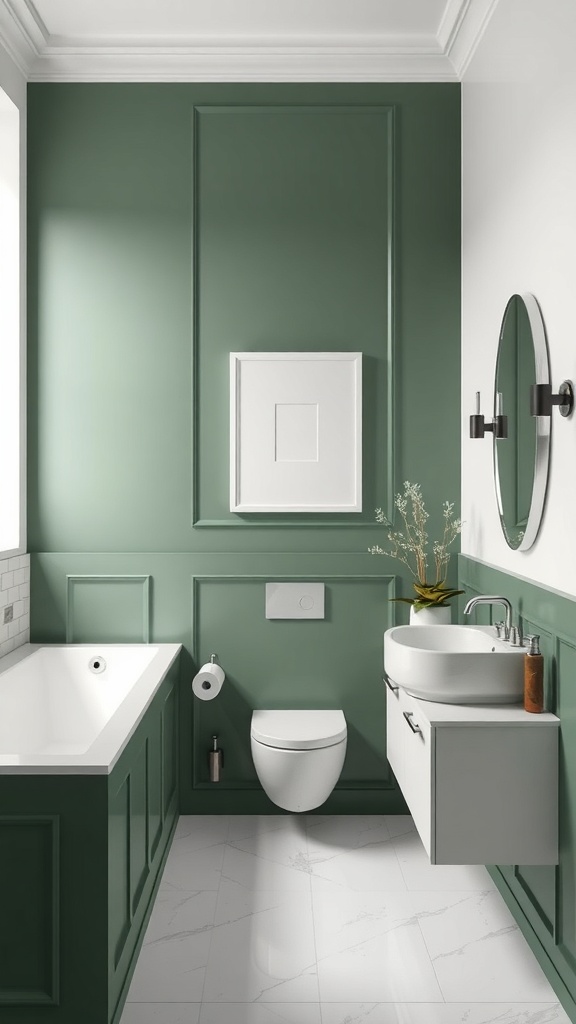A bathroom featuring sophisticated green wall panels and modern fixtures.