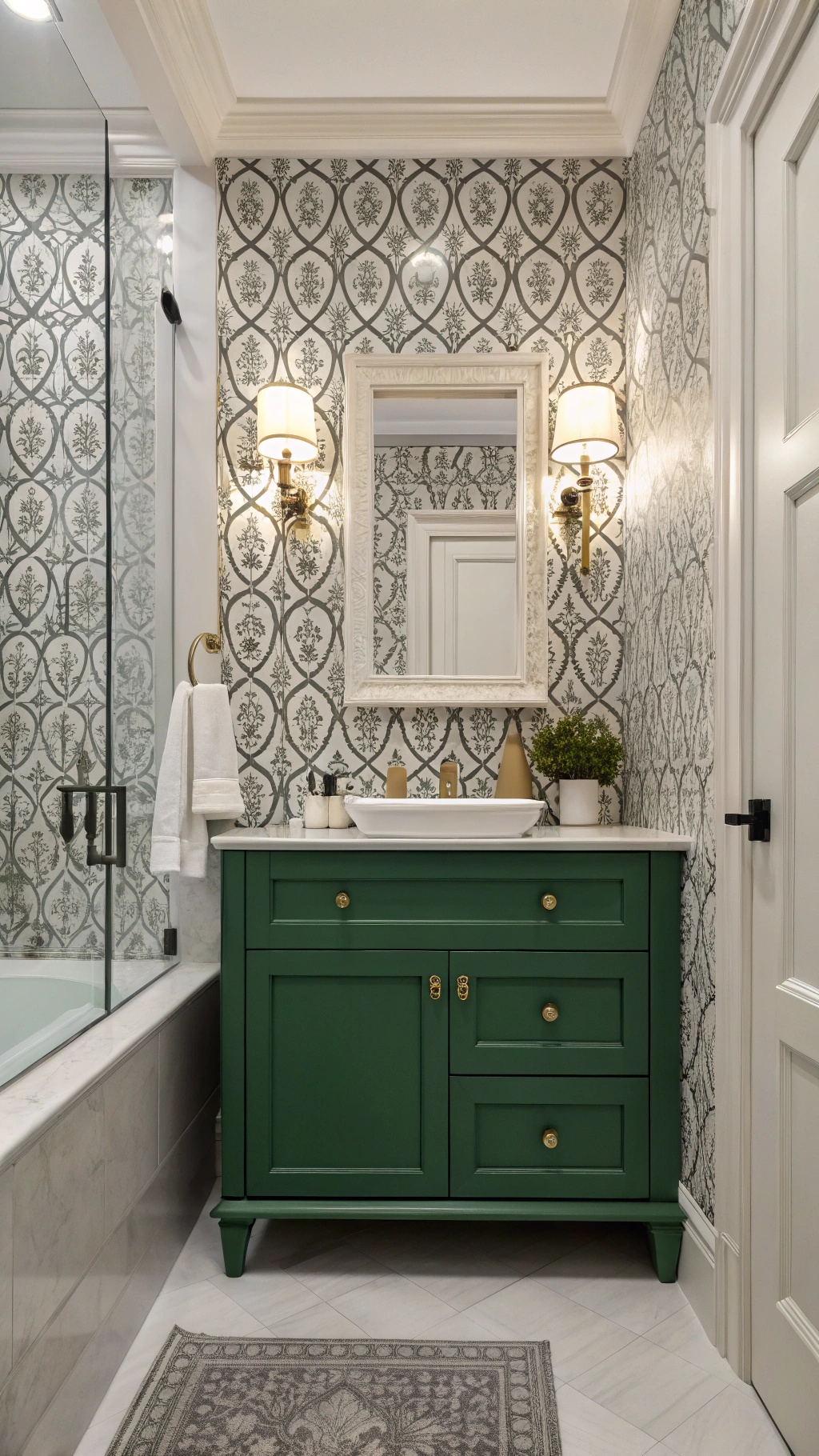 Bathroom featuring green cabinet and monochrome wallpaper