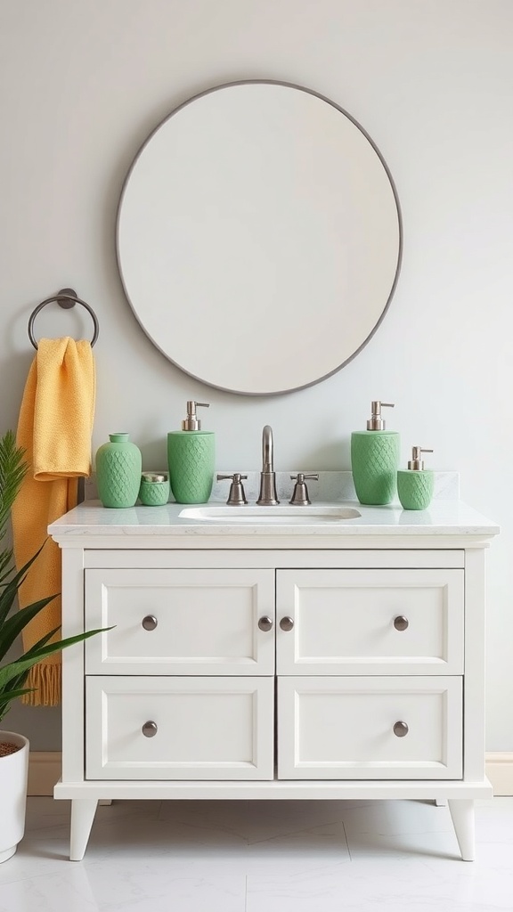 A stylish bathroom with green accessories including soap dispensers and a towel, complemented by a white vanity and round mirror.