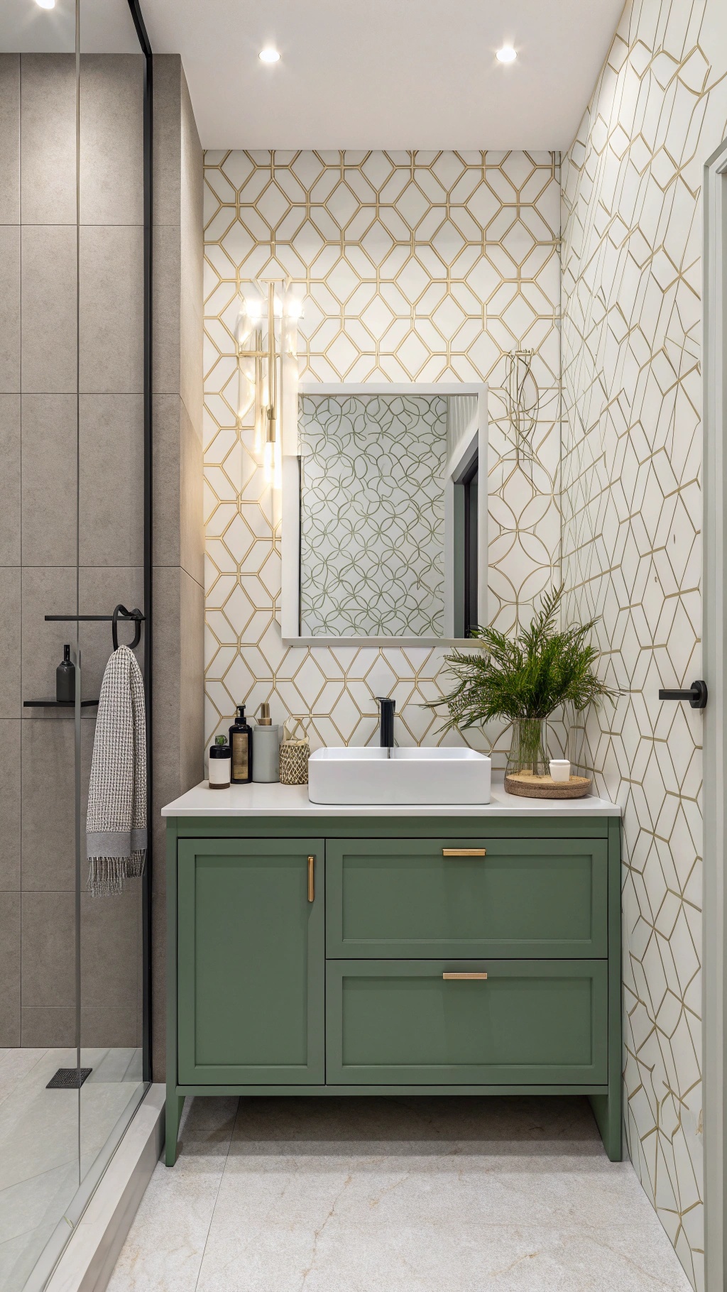 A modern bathroom featuring subtle geometric wallpaper and a green cabinet.
