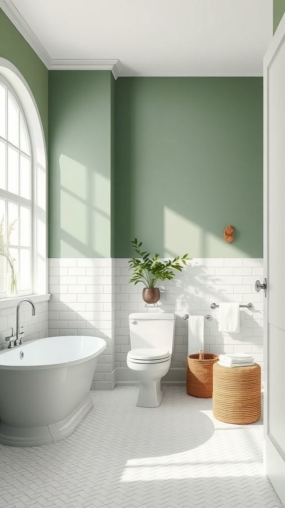 A bathroom featuring a subtle green accent wall with white tiles and a potted plant.