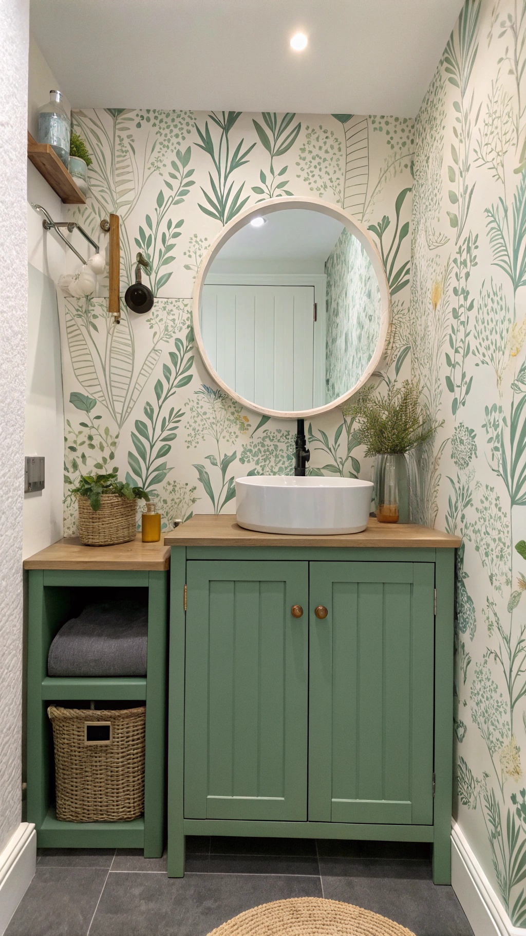 A stylish bathroom featuring green cabinet and nature-themed wallpaper.