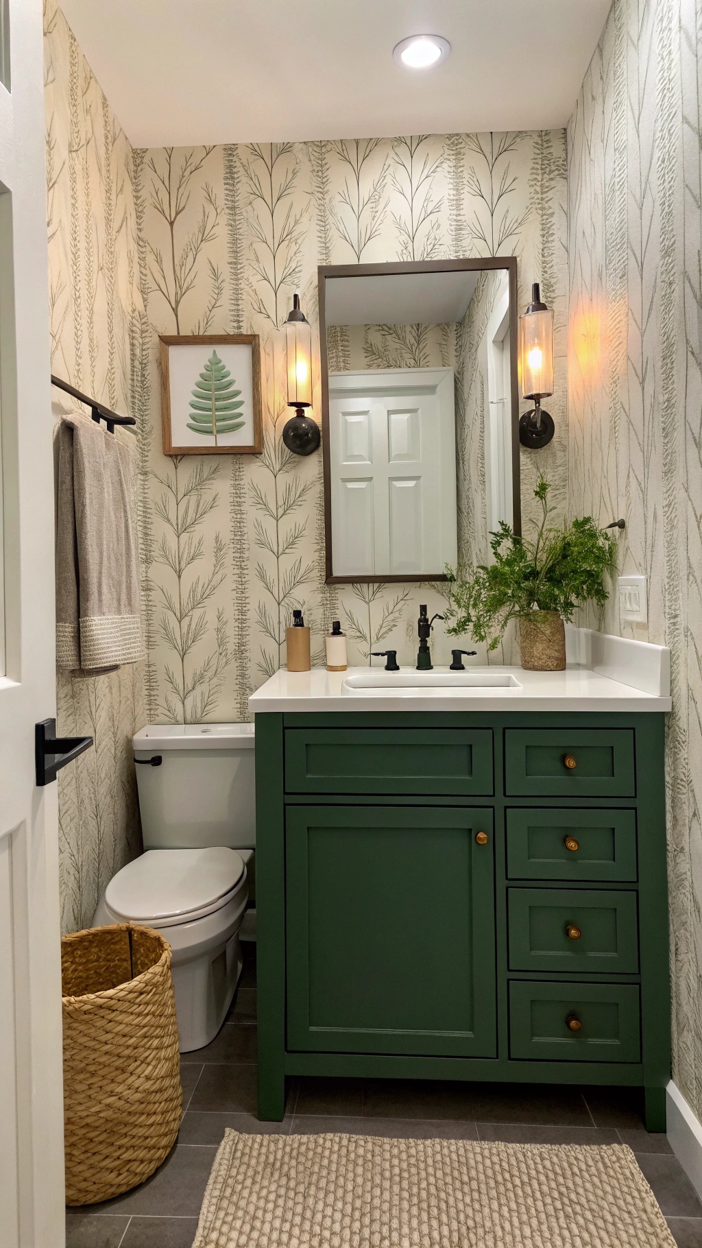 A bathroom featuring textured wallpaper and a green cabinet.