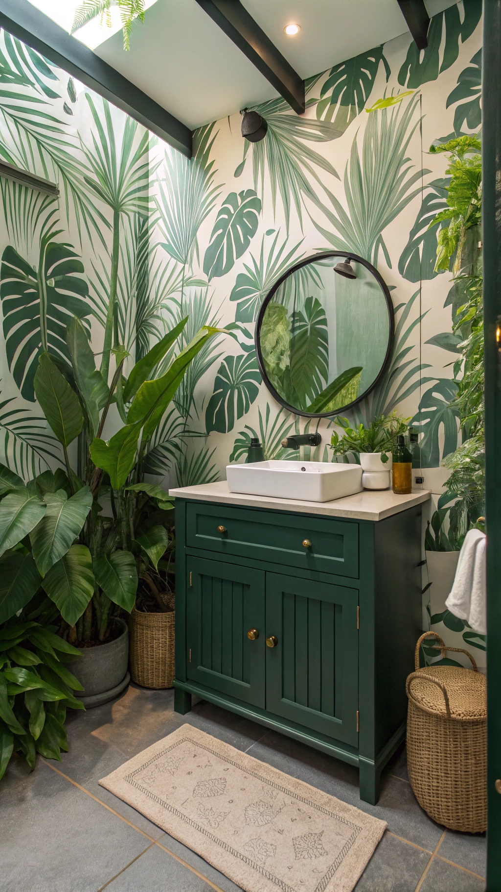 Bathroom featuring leafy wallpaper and a green cabinet