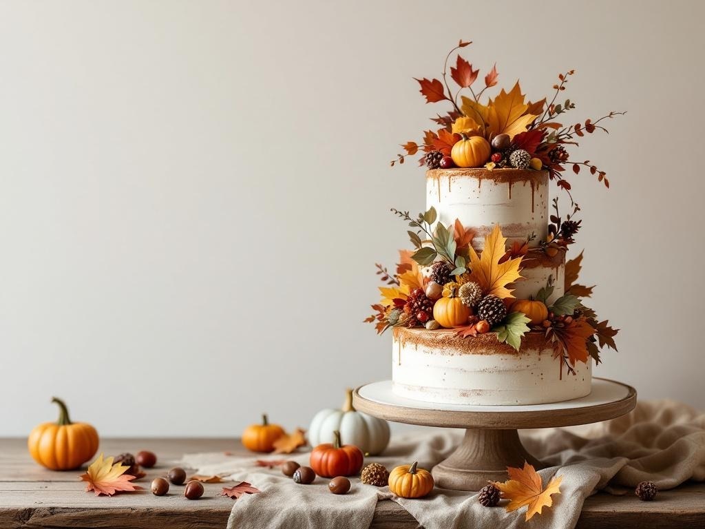 A stunning three-tiered fall wedding cake decorated with autumn leaves, pumpkins, and pinecones.