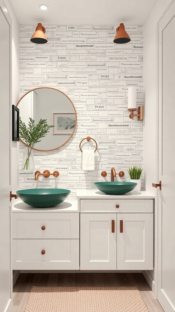 A stylish bathroom featuring green sinks, white cabinetry, and warm copper accents.