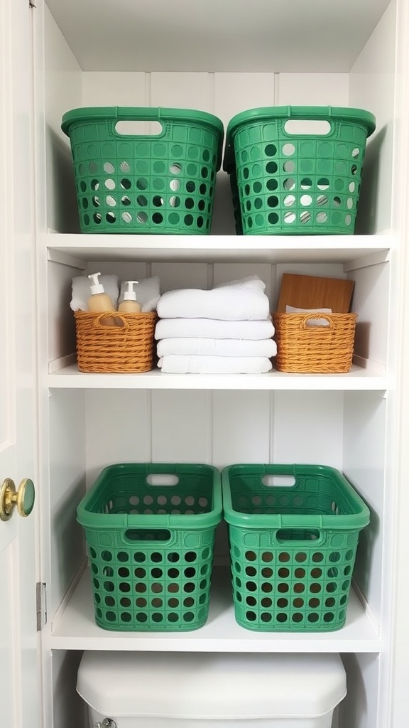 Green storage baskets on a bathroom shelf with towels and toiletries.