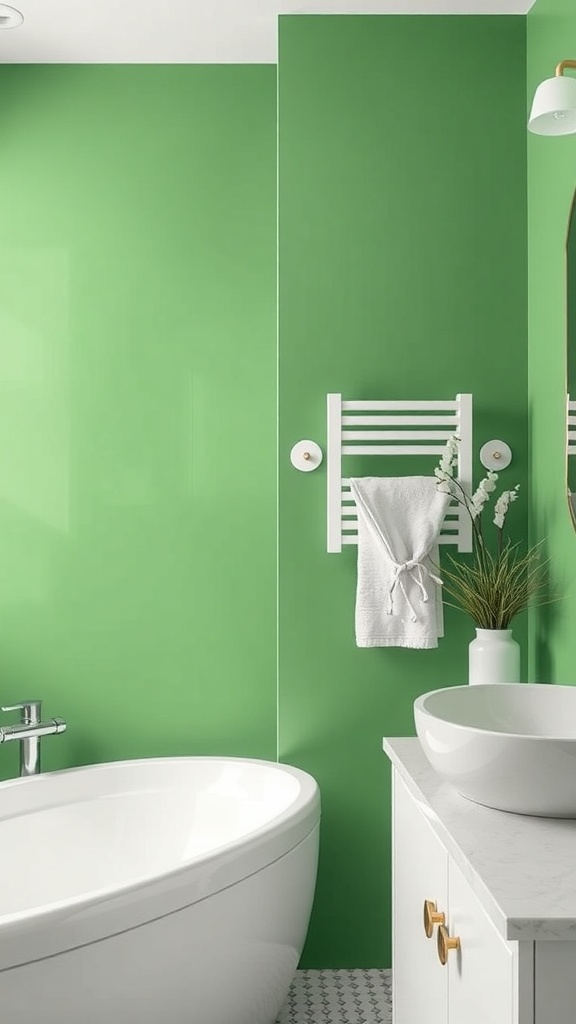 A bright green accent wall in a modern bathroom with a white bathtub and sink.