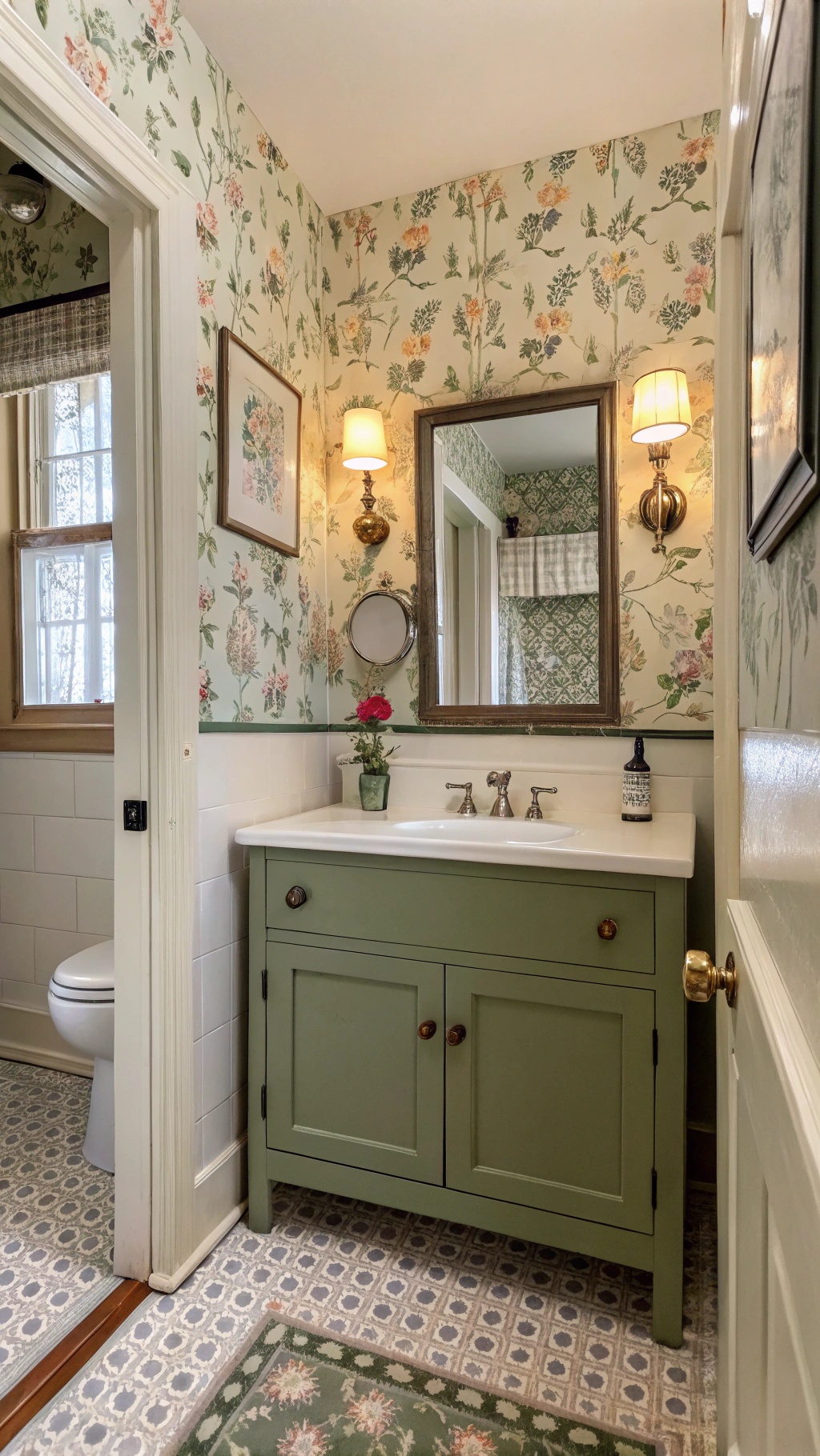 A bathroom featuring vintage floral wallpaper and a green cabinet.